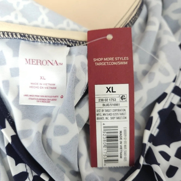 Merona Tankini Top Swimsuit Navy Blue Print Padded Bra Tie Halter - Picture 7 of 8